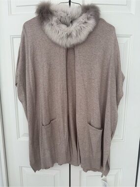 Dolce Cabo Taupe Fox Fur-Trim Open Cardigan Sweater Poncho